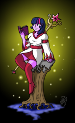 Size: 1753x2858 | Tagged: safe, artist:mangameister, twilight sparkle, equestria girls, g4, book, clothes, female, final fantasy, solo, staff, tree stump, white mage