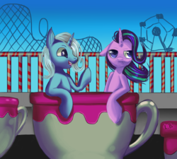 Size: 3612x3252 | Tagged: safe, artist:php154, starlight glimmer, trixie, pony, unicorn, g4, amusement park, cup, cute, female, high res, mare, open mouth, ride, starlight glimmer is not amused, teacup, that pony sure does love teacups, unamused
