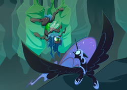 Size: 4960x3507 | Tagged: safe, artist:underpable, nightmare moon, queen chrysalis, alicorn, changeling, changeling queen, pony, g4, to where and back again, absurd resolution, adoracreepy, changeling hive, cocoon, creepy, cute, cutealis, looking at each other, queen twistalis, smiling, spread wings, style emulation, surprised, wings