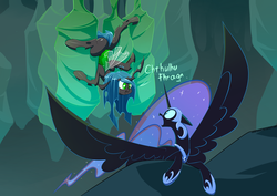 Size: 4960x3507 | Tagged: safe, alternate version, artist:underpable, nightmare moon, queen chrysalis, alicorn, changeling, changeling queen, nymph, pony, g4, absurd resolution, bugbutt, butt, changeling hive, chrysalass, cocoon, cthulhu mythos, cthulu fh'tagn, cute, cutealis, dialogue, duo, duo female, female, flying, helmet, large wings, looking at each other, looking back, moonabetes, queen twistalis, spread wings, style emulation, surprised, wings, younger