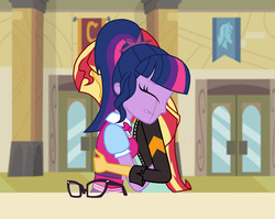 Size: 1931x1534 | Tagged: safe, artist:pyrus-leonidas, sci-twi, sunset shimmer, twilight sparkle, equestria girls, equestria girls specials, g4, bowtie, canterlot high, clothes, comforting, crying, doors, eyes closed, female, glasses, glasses off, hair bun, hug, jacket, leather jacket, lesbian, ship:sci-twishimmer, ship:sunsetsparkle, shipping