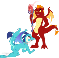 Size: 4000x3972 | Tagged: safe, alternate version, artist:theshadowstone, garble, princess ember, dragon, fall of equestria, g4, gauntlet of fire, all fours, ass, butt, collar, dragon lord garble, dragoness, duo, emberbuse, fangs, female, femsub, kneeling, looking at each other, looking down, looking up, maledom, simple background, submissive, transparent background