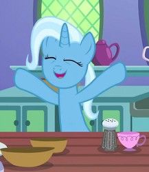 Size: 702x807 | Tagged: safe, screencap, trixie, pony, unicorn, all bottled up, g4, bowl, cropped, cup, cute, diatrixes, eyes closed, female, food, mare, open mouth, pepper, solo, teacup