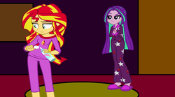 Size: 1500x833 | Tagged: safe, artist:aliciathefox231, artist:ktd1993, artist:zuko42, aria blaze, sunset shimmer, equestria girls, g4, alternate hairstyle, can, clasped hands, clothes, female, food, lesbian, loose hair, pajamas, shipping, slippers, sunblaze, whipped cream