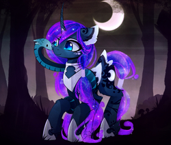 Size: 1666x1411 | Tagged: dead source, safe, artist:magnaluna, princess luna, alicorn, pony, snake, g4, alternate design, color porn, crescent moon, curved horn, duo, ear fluff, female, forest, galaxy mane, horn, leg fluff, mare, missing accessory, moon, smiling, tail wrap, tree