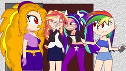 Size: 1366x768 | Tagged: safe, artist:soniclegacy1, adagio dazzle, aria blaze, rainbow dash, sunset shimmer, equestria girls, g4, bandeau, breasts, cleavage, female, human coloration, midriff, smiling, smirk, youtube link