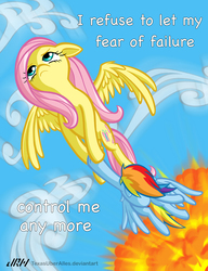 Size: 720x937 | Tagged: safe, artist:aviators, artist:texasuberalles, fluttershy, rainbow dash, pegasus, pony, g4, badass, duo, explosion, fear of flight, flutterbadass, flying, holding, looking away, lyrics, rescue, song reference, spread wings, text, the font is chalkboard thank you very much, wings
