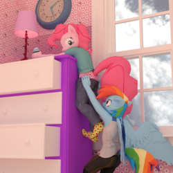 Size: 1500x1500 | Tagged: dead source, safe, artist:tahublade7, pinkie pie, rainbow dash, earth pony, pegasus, anthro, plantigrade anthro, g4, 3d, accidental exposure, assisted exposure, clock, clothes, cupcake underwear, female, filly, filly pinkie pie, filly rainbow dash, heart, heart print underwear, missing shoes, panties, pants, pantsing, pink underwear, pulling, room, silly panties, socks, underwear
