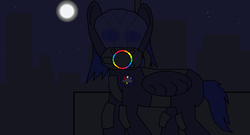 Size: 1189x640 | Tagged: safe, pegasus, pony, fanfic:rainbow factory, armor, city, cityscape, cyberpunk, gas mask, guard, mask, moon, ms paint, night, rainbow, science fiction, soldier, spectric combine, visor