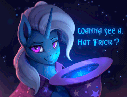 Size: 750x573 | Tagged: safe, artist:rodrigues404, trixie, pony, unicorn, g4, animated, beautiful, cape, cinemagraph, clothes, dialogue, featured image, female, gif, glowing eyes, hat, looking at you, loop, mare, perfect loop, smiling, smirk, solo, trixie's cape, trixie's hat