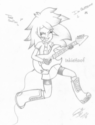 Size: 1640x2144 | Tagged: safe, artist:tonystorm12, rainbow dash, equestria girls, g4, my little pony equestria girls: rainbow rocks, awesome as i want to be, clothes, compression shorts, electric guitar, eyes closed, female, guitar, jacket, jumping, licking, monochrome, musical instrument, rock (music), rocking, skirt, solo, tongue out