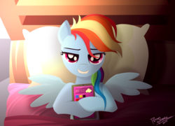 Size: 1952x1403 | Tagged: safe, artist:pedrohander, rainbow dash, pony, g4, bed, bedroom eyes, female, lip bite, phone, solo, spread wings, story included, wings