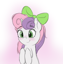 Size: 847x861 | Tagged: safe, artist:vanillaghosties, sweetie belle, pony, unicorn, g4, blushing, bow, colored sketch, cute, diasweetes, female, filly, hair bow, heart eyes, smiling, solo, wingding eyes