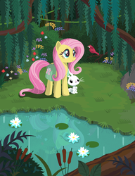 Size: 1056x1377 | Tagged: safe, artist:lavendus, angel bunny, fluttershy, bird, g4, cute, forest, grass, lilypad, pond, reflection, scenery, smiling