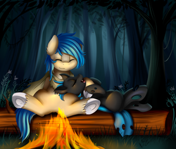 Size: 2670x2262 | Tagged: safe, artist:pridark, oc, oc only, changeling, earth pony, pony, blue changeling, campfire, changeling oc, commission, eyes closed, fire, forest, high res, log, open mouth, scenery, sleeping, underhoof