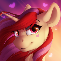 Size: 500x500 | Tagged: safe, artist:silentwulv, oc, oc only, oc:pretty shine, pony, unicorn, abstract background, bust, female, gift art, heart, looking at you, mare, smiling, solo