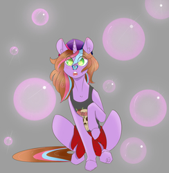 Size: 1592x1630 | Tagged: safe, artist:mint-and-love, oc, oc only, oc:ashliegh, butterfly, pony, bubble, cutie, female, gray background, simple background, solo