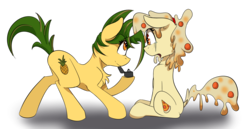 Size: 2849x1466 | Tagged: safe, artist:beardie, oc, oc only, oc:cheesyblend, oc:piña, food pony, original species, pizza pony, pony, chest fluff, crying, dock, engagement ring, female, food, lesbian, looking at each other, mare, marriage proposal, oc x oc, pizza, ring, shipping, simple background, transparent background