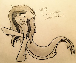 Size: 2372x1987 | Tagged: safe, artist:toothpastethy, oc, oc only, oc:amiiscel, fish, merpony, pony, eyelashes, female, long mane, mare, monochrome, sketch, solo, species swap, traditional art, upset