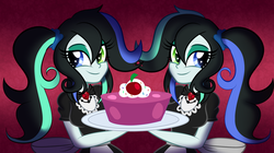 Size: 900x505 | Tagged: dead source, safe, artist:wubcakeva, oc, oc only, oc:lefty, oc:righty, equestria girls, g4, cake, clothes, dessert, equestria girls-ified, food, maid, plate, twins