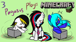 Size: 1600x900 | Tagged: safe, artist:snowbunny0820, oc, oc only, oc:huirou lazuli, oc:snowbunny, pegasus, pony, cart, ear piercing, earring, heterochromia, jewelry, minecart, minecraft, necktie, piercing, simple background, trio, x eyes