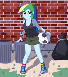 Size: 2161x2442 | Tagged: safe, artist:sumin6301, rainbow dash, equestria girls, g4, ball, breasts, cleavage, clothes, cute, female, football, high res, legs, shoes, skirt, smiling, socks, solo, tank top, trash can, wristband