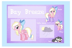 Size: 4891x3241 | Tagged: safe, artist:emberslament, oc, oc only, oc:bay breeze, cat, pegasus, pony, bow, clothes, female, filly, hair bow, high res, mare, pegasus oc, reference sheet, smiling, socks, solo, striped socks