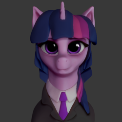 Size: 872x872 | Tagged: safe, artist:ohmudak_wip, twilight sparkle, pony, unicorn, g4, 3d, 3d model, alternate hairstyle, business suit, businessmare, clothes, explicit source, female, gray background, mare, patreon, sculpt, simple background, smiling, solo, suit, wip, zbrush