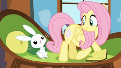 Size: 1920x1080 | Tagged: safe, screencap, angel bunny, fluttershy, pony, g4, the hooffields and mccolts, book, booty call, couch, glowing cutie mark, looking back, unamused, window