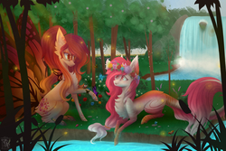 Size: 3000x2000 | Tagged: safe, artist:monogy, oc, oc only, oc:sam lavinya, oc:sunset scratch, original species, pony, female, high res, mare, prone, sitting, waterfall