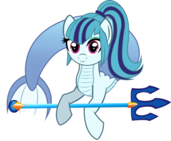Size: 2046x1686 | Tagged: safe, artist:andrevus, sonata dusk, merpony, pony, g4, female, looking at you, ponified, simple background, solo, transparent background, trident, weapon