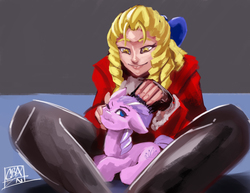 Size: 3300x2550 | Tagged: safe, artist:checkerboardazn, diamond tiara, earth pony, human, pony, g4, commission, crossover, gray background, grooming, high res, karin kanzuki, simple background, street fighter