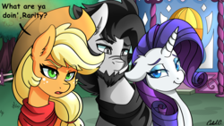 Size: 4000x2250 | Tagged: safe, artist:ciderpunk, applejack, rarity, oc, oc:coldbrewcoffee, earth pony, pony, unicorn, g4, bandana, beard, boutique, colored pupils, confused, facial hair, female, male, mare, stallion