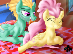 Size: 2800x2100 | Tagged: safe, artist:katakiuchi4u, fluttershy, zephyr breeze, pegasus, pony, flutter brutter, g4, alternate hairstyle, bed, brother and sister, colored pupils, comb, duo, eyes closed, female, high res, male, mare, prone, smiling, stallion