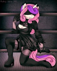 Size: 1200x1500 | Tagged: safe, artist:fur-what-loo, sweetie belle, gynoid, robot, anthro, plantigrade anthro, g4, 2b, blindfold, boob window, boots, breasts, cleavage, clothes, cosplay, costume, dress, female, garter belt, garters, grin, high heel boots, high heels, kneeling, nier, nier: automata, shoes, short dress, smiling, solo, stockings, sweetie bot, thigh boots, thigh highs