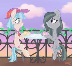 Size: 1024x945 | Tagged: safe, artist:flourret, coco pommel, marble pie, earth pony, pony, g4, afternoon, eye contact, food, hair over one eye, looking at each other, neck fluff, profile, sitting, table, tea, tea time
