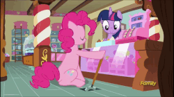 Size: 600x337 | Tagged: safe, edit, edited screencap, screencap, pinkie pie, twilight sparkle, alicorn, pony, a flurry of emotions, g4, animated, brb, cupcake, discovery family logo, falling, female, food, gif, lever, loop, sugarcube corner, trapdoor, twilight sparkle (alicorn)