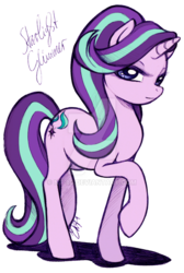 Size: 600x894 | Tagged: dead source, safe, artist:nt-88, starlight glimmer, pony, g4, female, lidded eyes, looking at you, mare, raised hoof, simple background, smiling, solo, text, transparent background, watermark