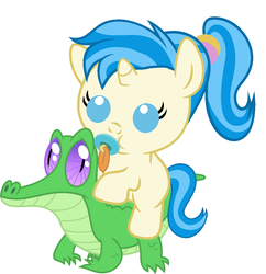 Size: 986x1017 | Tagged: safe, artist:red4567, allie way, gummy, pony, unicorn, g4, allie way riding gummy, baby, baby pony, cute, female, filly, filly allie way, foal, pacifier, ponies riding gators, riding, simple background, white background