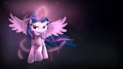 Size: 3840x2160 | Tagged: safe, artist:imafutureguitarhero, artist:mangaka-girl, twilight sparkle, alicorn, pony, g4, 2d to 3d, 3d, 4k, 4k resolution, adaptation, angry, based on vector, crying, female, flying, glowing horn, high res, horn, imminent death, levitation, looking at you, magic, mare, multicolored mane, multicolored tail, nose wrinkle, ragelight sparkle, recursive fanart, signature, solo, source filmmaker, twilight sparkle (alicorn), wallpaper, wings