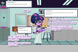Size: 1280x848 | Tagged: safe, artist:cybersquirrel, sci-twi, twilight sparkle, equestria girls, g4, ask, clothes, female, ghostbusters, lab coat, laboratory, proton pack, solo, tumblr
