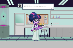 Size: 1280x848 | Tagged: safe, artist:cybersquirrel, sci-twi, twilight sparkle, equestria girls, g4, :i, ask, clothes, female, ghostbusters, lab coat, laboratory, proton pack, solo, tumblr