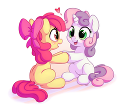 Size: 1400x1200 | Tagged: safe, artist:bobdude0, artist:dawnfire, apple bloom, sweetie belle, earth pony, pony, unicorn, g4, adorabloom, apple bloom's bow, blank flank, blushing, bow, collaboration, cute, daaaaaaaaaaaw, diasweetes, eye contact, female, filly, freckles, hair bow, happy, heart, hnnng, holding hooves, lesbian, looking at each other, open mouth, open smile, ship:sweetiebloom, shipping, signature, simple background, sitting, smiling, weapons-grade cute, white background