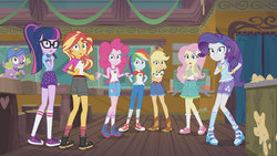 Size: 1200x675 | Tagged: safe, screencap, applejack, fluttershy, pinkie pie, rainbow dash, rarity, sci-twi, spike, spike the regular dog, sunset shimmer, twilight sparkle, dog, human, equestria girls, g4, my little pony equestria girls: legend of everfree, ass, balloon, boots, bracelet, butt, camp everfree outfits, cap, converse, cookie dough, cowboy boots, crossed arms, cup, glasses, hand on hip, hat, humane five, humane seven, humane six, jeans, jewelry, legs, mane seven, mane six, pants, paper towels, raised leg, shoes, shorts, sleeveless, sneakers, socks, taanktop, wristband
