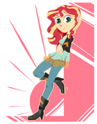 Size: 1024x1303 | Tagged: safe, artist:pandapopplay, sunset shimmer, equestria girls, g4, boots, breasts, clothes, crossed arms, female, high heel boots, jacket, leather jacket, leggings, looking at you, raised leg, smiling, solo