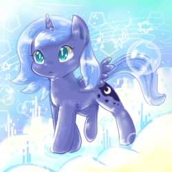 Size: 768x768 | Tagged: safe, artist:okuna317, princess luna, pony, g4, cloud, female, filly, solo, woona, younger