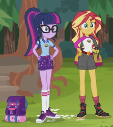 Size: 474x533 | Tagged: safe, screencap, sci-twi, sunset shimmer, twilight sparkle, equestria girls, g4, my little pony equestria girls: legend of everfree, backpack, boots, camp everfree outfits, clothes, converse, hand on hip, shoes, shorts, sneakers, tree
