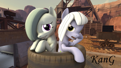 Size: 1920x1080 | Tagged: safe, artist:kmg0047, limestone pie, marble pie, earth pony, pony, g4, 3d, female, hair over one eye, looking at you, mare, sisters, tire