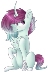 Size: 1095x1653 | Tagged: safe, artist:doekitty, artist:forestemni, oc, oc only, oc:lithe, pony, unicorn, chest fluff, curved horn, horn, simple background, sitting, solo, transparent background