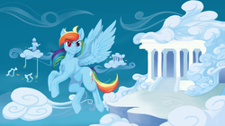 Size: 3200x1800 | Tagged: safe, artist:skrapbox, rainbow dash, pegasus, pony, g4, cloudsdale, color, female, flying, outdoors, sky, solo